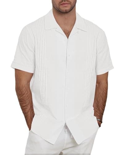 Guayabera Shirts for Men Linen Button Down Short Sleeves Shirt Casual Summer Cuban Vacation Beach Tops - Image 1