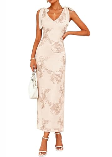 Lazysmile Womens Floral Embroidered Maxi Dress Sleeveless V Neck Tie Strap Ribbon Flower Mesh Party Cocktail Dresses - Image 1