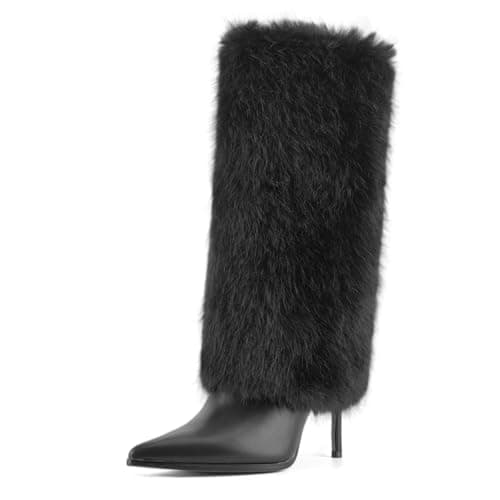 QIV Black Fur Knee High Boots women Pointed Toe Stiletto Winter Fashion Tall Boot for Women Size 11 - Image 1