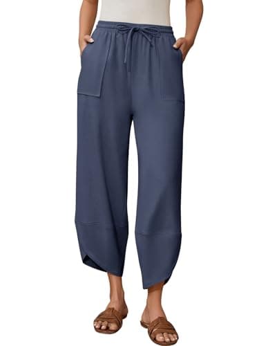 grewley Womens Baggy Wide Leg Cotton Linen Pants Barrel Drawstring Elastic Waist with Pockets Beach Navy Blue M - Image 1