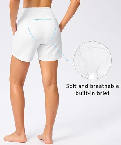 Viodia Women's 5" High Waisted Swim Board Shorts Quick Dry Beach Shorts with Pockets UPF 50+ Swimsuit Bottoms with Liner White XL - Thumbnail 3