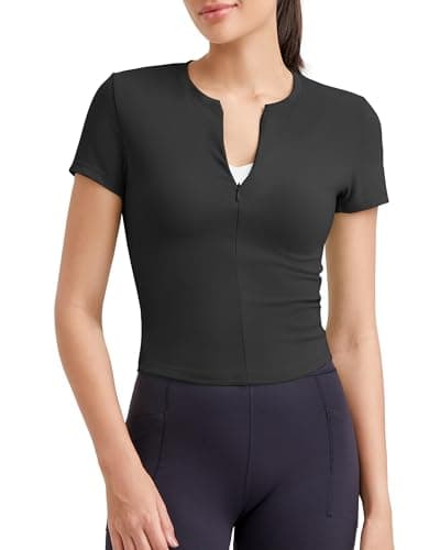 G4Free Workout Tops for Women Slim Fit Half Zip Short Sleeve Athletic Shirts Strechy Yoga Slight Crop Top Active Wear(Black,XS) - Image 1