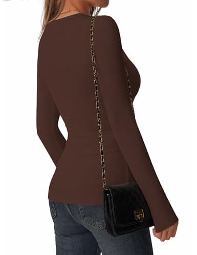 C.O.Z.Y Womens Long Sleeve Shirts Ribbed Crewneck Slim Fit Tops Casual Layering Basic Tee T-Shirt Trendy Outfits Brown - Thumbnail 3