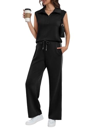 Casly Lamiit 2 Piece Sets for Women Summer Travel Outfits V Neck Half Zip Lapel Tank Top Striped Wide Leg Pants Matching Sets Sweatsuits Black 2XL - Image 1