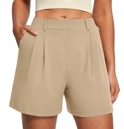 Heathyoga Stretchy Dress Shorts for Women Pull On Womens Shorts Dressy Casual High Waisted Summer Work Shorts Business Casual Khaki - Image 1