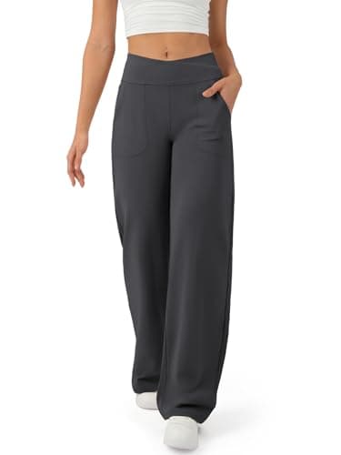 AFFOLE Wide Leg Pants for Women Cross Waist Yoga Dress Pants with Pockets High Waist Stretch Casual Workout Lounge Trousers Dark Grey