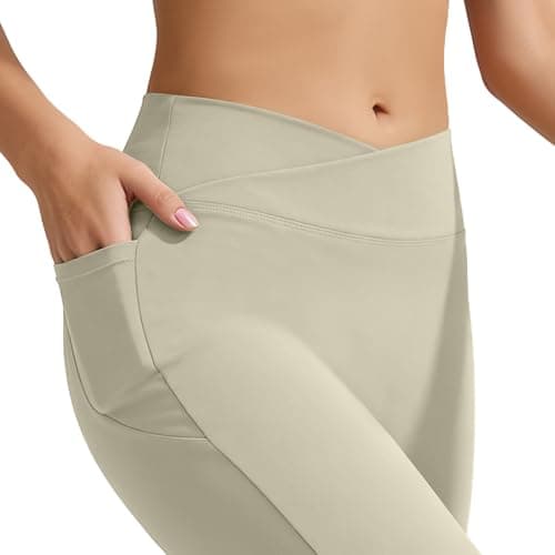 AMLEER Women's V Waist Side Split Wide Leg Yoga Leggings - High Waisted Crossover Stretchy Workout Flare Yoga Pants（Nude Apricot, 3X-Large - Thumbnail 5