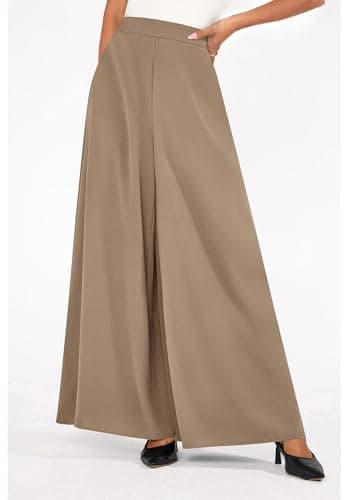 KIRUNDO Palazzo Pants for Women Dressy 2026 Summer Wide Leg High Waisted Business Casual Work Trousers Slacks with Pockets(Khaki, Large) - Thumbnail 4