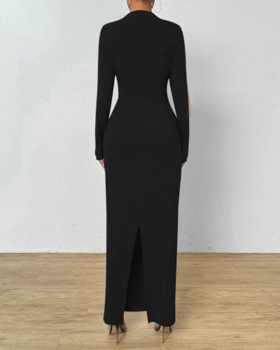 BTFBM Women Bodycon Maxi Dress Long Sleeve Back Slit Ruched Elegant Party Cocktail Formal Fall Wedding Guest Dresses(Black, Small) - Thumbnail 4