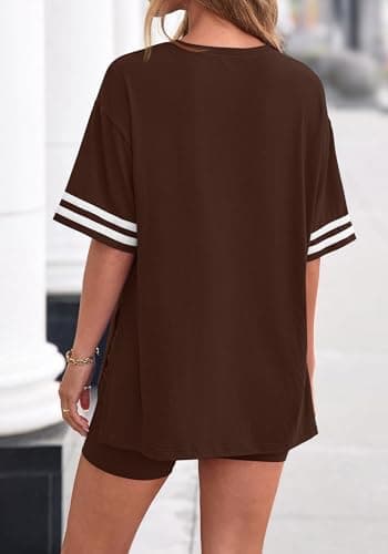 KIRUNDO 2 Piece Sets for Women Summer Lounge Set Airport Travel Outfit 2026 Oversized Shirts Matching Biker Shorts Clothing(Brown, X-Large) - Thumbnail 3