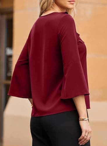 Dokotoo Spring Tops for Women 2026 3/4 Sleeve Blouses Trendy Ruffle V Neck Shirts Business Casual Outfits Trendy Work Shirt Women's Chiffon Red Blouses Large - Thumbnail 5