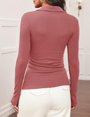 Meetrendi Women's Long Sleeve Business Casual Tops Collared V Neck Work Blouse Button Fitted Polo Shirts Rose XL - Thumbnail 5