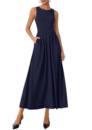 Lazysmile Summer Sleeveless Maxi Dresses for Women Mock Neck Pleated A Line Formal Cocktail Wedding Guest Dress Navy - Image 1