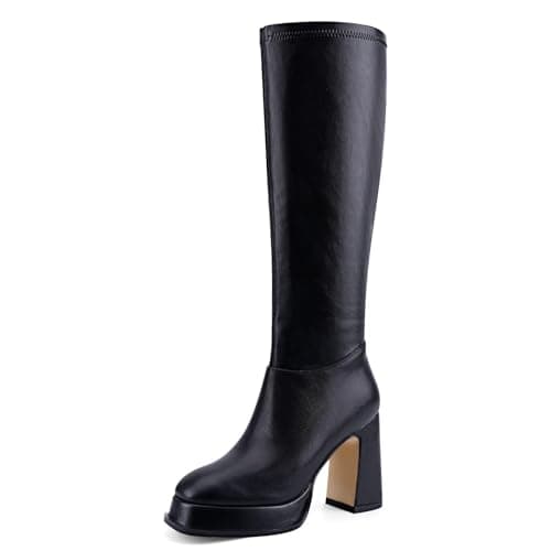 QIV Black Platform Knee High Boots for Women Square Toe Chunky Block Heel Tall Gogo Boots with Zipper Size 7.5 - Thumbnail 6