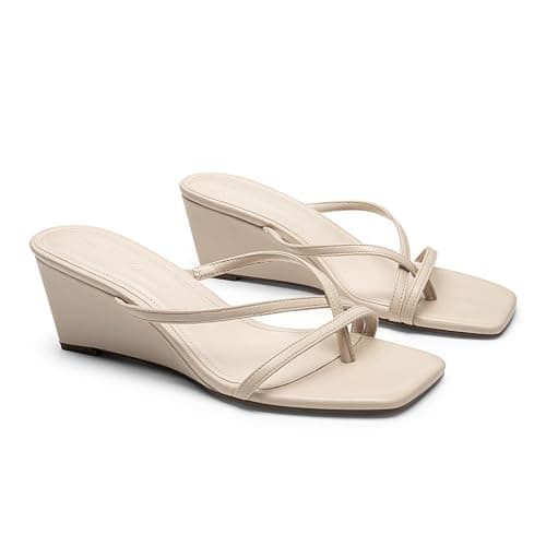 Athlefit Women's Dressy Summer Wedge Sandals Slip On Casual Strappy Thong Slides Cute Square Open Toe Flip Flop Heels for Women Nude Size 10 - Thumbnail 6