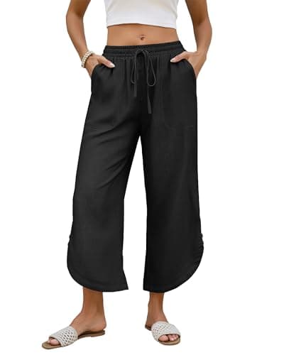 Bsubseach Womens Cotton Linen Pants Summer Capri Pants Comfy Cropped Lounge Pants with Drawstring Black XXL - Image 1