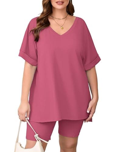 AusLook Women's Plus size 2 Piece Short Outfits Set Short Sleeve Tops and Shorts Pants Purple Red 4X Casual Comfy Soft Ladies Short Sleepwear Lounge Pajama Matching Set - Image 1