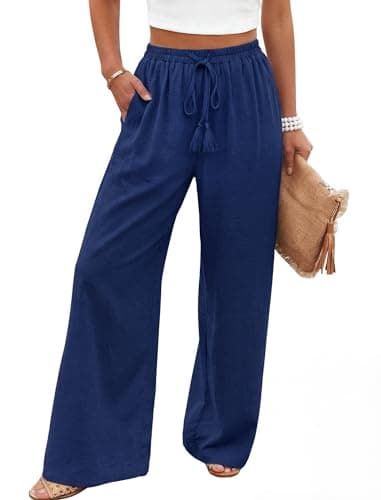 Wide Leg Pants Woman Flowy Floral Palazzo Pants for Women High Waisted Summer Casual Trousers Cruise Outfits with Pockets Navy Blue L - Image 1