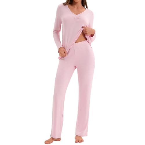 Navisting Women's Soft Knit Pajamas Set V-Neck Top and Pants Long Sleeve Two Piece Loungewear Elegant Wavy Hem Sleepwear with Color Options Cherry Blossom 2XL - Image 1