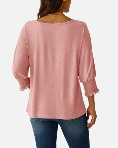 NORACORA Women's 3/4 Sleeve Tops Loose Fit Shirts Dressy Casual Crew Neck T Shirts for Women Basic Tees Shirt with Smocked Cuffs 2025 Fall Fashion Blouse Pink XXL - Thumbnail 4