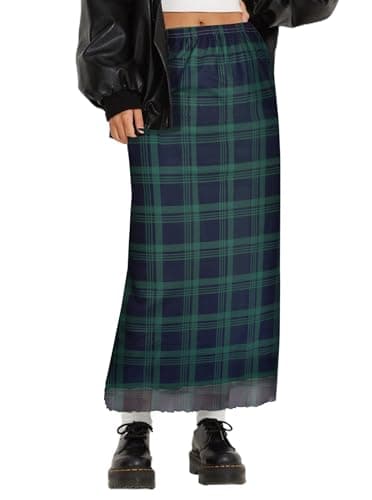 Avanova Women Plaid Gingham Checkered Mesh High Waisted Midi Skirts Flowy Summer Long Skirts Green Plaid Small - Thumbnail 4