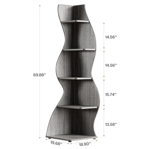 Tribesigns Wavy Corner Shelf, Modern 5-Tier Bookshelf Bookcase with Curvy Shape, Unique Plant Stand Display Rack for Living Room Small Space (Gray) - Thumbnail 2