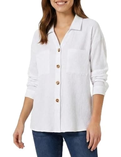 GAMISS Womens V Neck Button Down Shirt Long Sleeve Blouses Casual Shirts with Pocket Shirts White, L