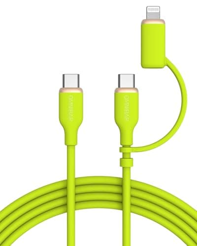 Omnibar 2-in-1 Soft Silicone USB C to USB C Cable with Lightning Connector (6FT, Lime Green), MFi Certified Type C Fast Charging Cord for iPhone 17 16 15 14 13,Galaxy S26 S25 S24,iPad,MacBook,AirPods - Image 1