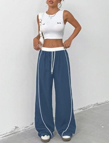 ZAFUL Womens Parachute Pants Y2K Wide Leg Cargo Sweatpants Drawstring Waist Jogger Pants with Pockets Blue XL - Thumbnail 3