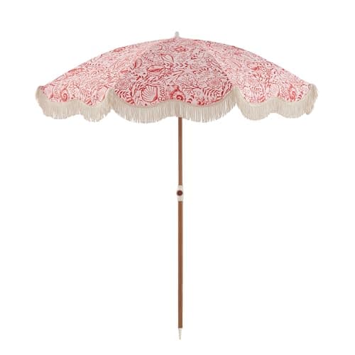 DEER LAND 6FT Fringe Beach Umbrella for Sand, Boho Coastal Patio Umbrella with Tassels, UPF 50+ Sun Protection, Tilt, Carry Bag for Beach Vacation & Pool, Reef Crimson - Image 1