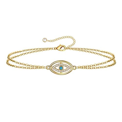 VANGAU Gold Plated Evil Eye Bracelet for Women 925 Sterling Silver Double Chain Design Zircon Turquoise Jewelry Adjustable Bohemian Style Bracelet Mother Day Gift for Women - Image 1
