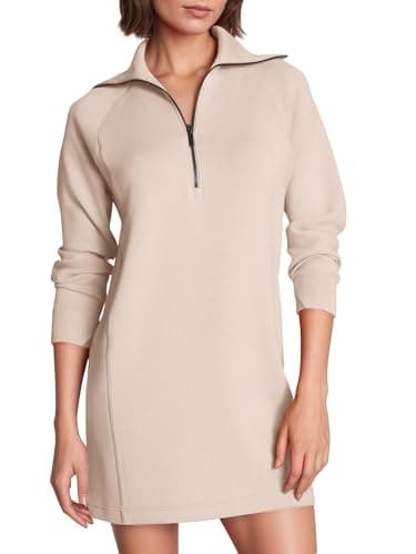 COCOMARTS Womens Long Sleeve Sweatshirt Dress Crewneck Quarter Zip Mini Dresses with Pocket 2025 Fall Winter Fashion Clothes Apricot Medium - Image 1