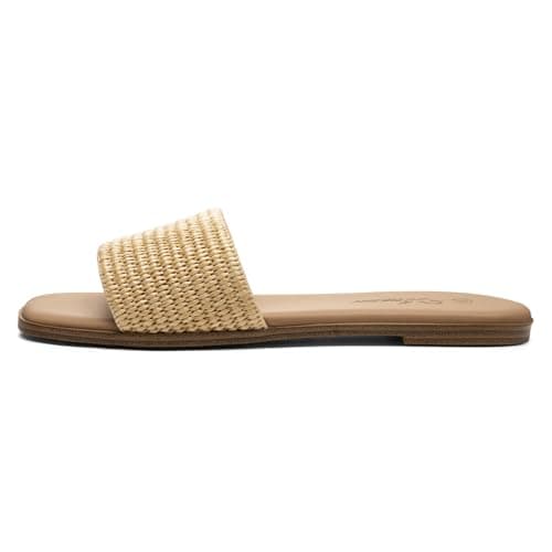 Athlefit Tan Raffia Flat Sandals for Women Dressy Square Open Toe Comfortable Slip On Beach Casual Slide Sandals Size 7 - Thumbnail 4
