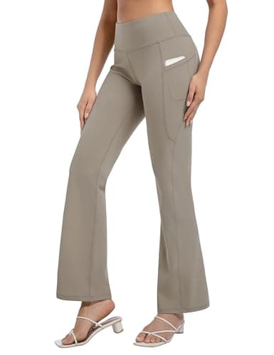 BUBBLELIME 35"/31"/33"/35"/37" Women's Bootcut Yoga Pants Tummy Control Flared with Side Pockets- Bootleg Side Pockets_Dark_Khaki L_35" Inseam - Image 1