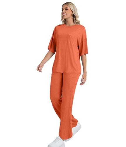 YOAKUKA Women's Two Piece Lounge Sets Loose Fit Short Sleeve Tops and Wide Leg Pants Casual Matching Travel Outfits Tracksuit - Thumbnail 3