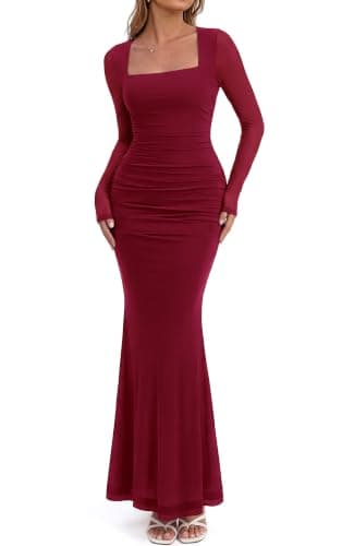 BTFBM Women's Maxi Dresses Fall 2026 Long Sleeve Ruched Bodycon Dress Square Neck Cocktail Party Wedding Guest Dresses(Wine Red,Small) - Image 1