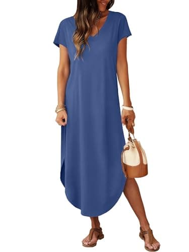 RUMIA Summer Casual Maxi Dresses for Women- Women's V Neck Cap Sleeve Long Sundress with Pockets Beach Vacation - Thumbnail 2