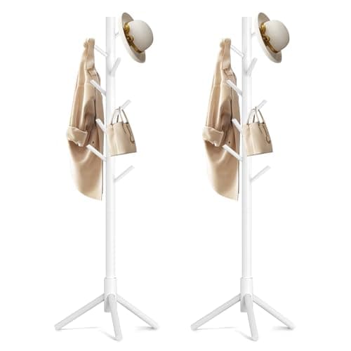 Aliphon Wooden Coat Rack Stand, Freestanding Coat Rack with 8 Hooks, 3 Adjustable Size Coat Tree for Hats, Coats, Scarves bags, Coat Hanger Stand Used in Bedroom/Office/Entryway, 2 PCS (White) - Image 1