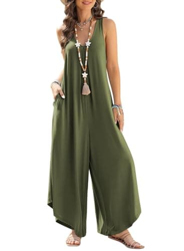 Happy Sailed Boho Beach Women's Jumpsuits Summer Sleeveless Ruched V Neck Loose Wide Leg Romper Maternity Overalls with Pockets Army Green Medium - Image 1
