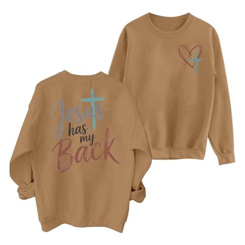 JINTING Women Jesus Sweatshirt Christian Faith Shirt Jesus Has My Back Sweatshirts Bible Verse Inspirational Pullover Light Brown - Image 1