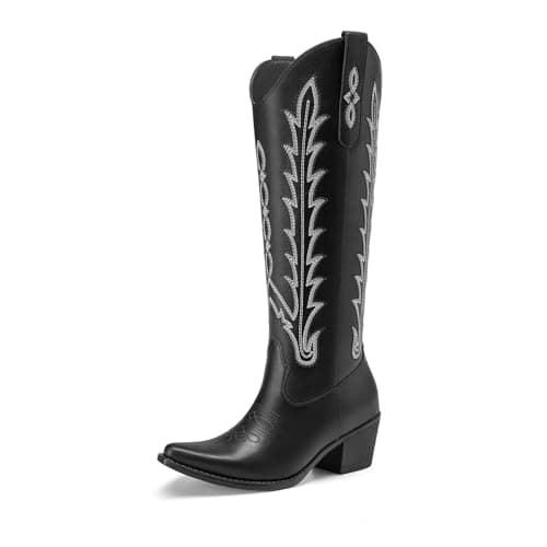 Athlefit Black Cowboy Boots for Women Cowgirl Knee High Comfortable Slip On Chunky Heel Square Toe Western Embroidered Tall Long Boots for Country Concert Black Size 10 - Image 1