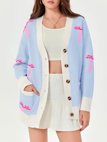 Saodimallsu Womens Oversized Cardigan Sweaters Bow Printed Button V Neck Long Sleeve Loose Knit Fall Trendy Coats Blue - Thumbnail 4