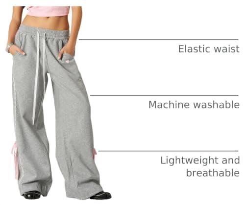 Aelfric Eden Lace Stripe Patchwork Sweatpants Casual Baggy Pant for Women Wide Leg Elastic Drawstring Trousers Grey Medium - Thumbnail 4