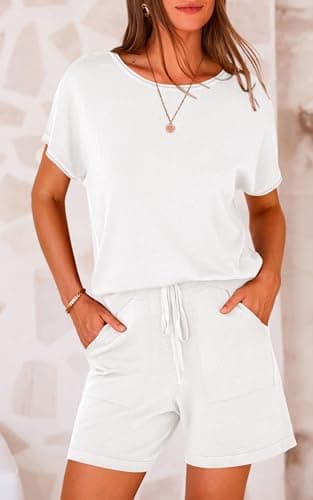 PRETTYGARDEN Two Piece Set For Women Summer Lounge Sets Shorts And Short Sleeve Tops Knitted Matching Travel Spring Outfits(White,M) - Thumbnail 5