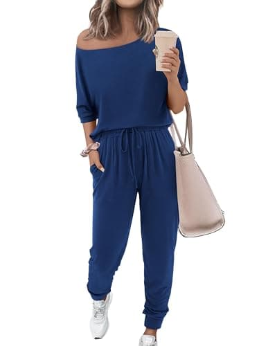 Zenlonr Women Summer 2 Piece Outfits 2026 Off Shoulder Short Sleeve Tops Elastic Waist Drawstring Long Pants Tracksuit(Dark Blue,Small) - Image 1