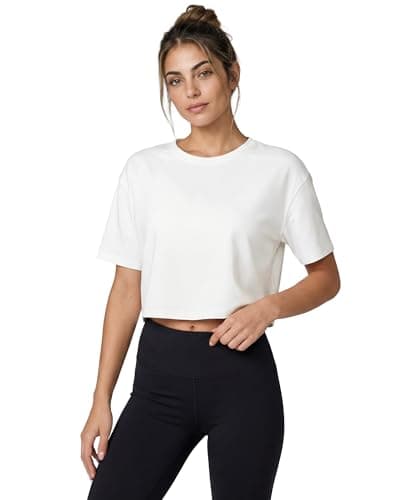 Stelle Womens Workout Crop Top Loose Short Sleeve Shirt Quick Dry UPF 50+ Sun Protection Moisture Wicking Boxy Tee for Running Athletic White Medium - Thumbnail 2