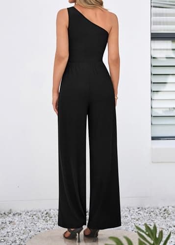 KIRUNDO One Piece Jumpsuits For Women Dressy 2026 One Shoulder Formal Ribbed Wide Leg Rompers With Pockets Summer Outfits(Black, X-Large) - Thumbnail 2