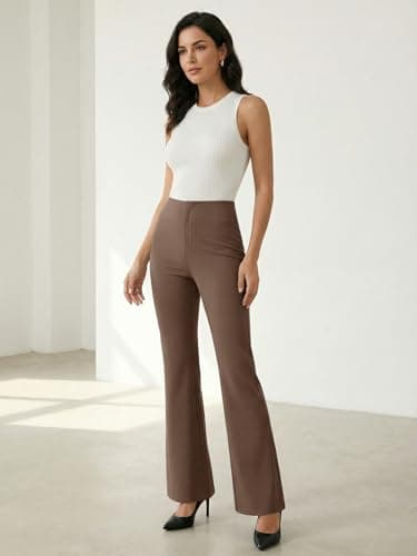 Dokuritu Womens Slacks for Work Tummy Control Stretchy Flare Pants Pull On Bootcut Business Casual High Waist Trousers with Pockets Caramel - Thumbnail 5