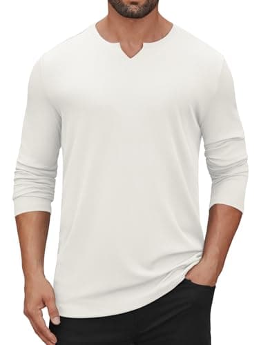 Hardaddy Men's V Neck Long Sleeve Ribbed Casual T-Shirt Solid Tee Shirts White M - Image 1