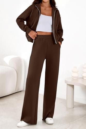 PRETTYGARDEN Women's 2 Piece Outfits Spring Sweatsuits Zip Up Sweatshirt Wide Leg Sweatpants Casual Tracksuit Lounge Sets(Brown,Medium) - Thumbnail 4